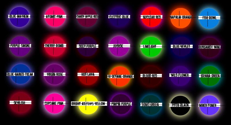 The following colors glow under black light: